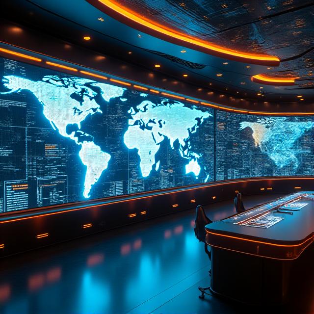 Modern logistics command center with digital trade maps and high-tech interface